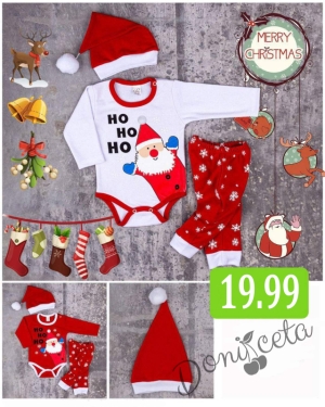 Коледен бебешки комплект боди с Дядо Коледа в червено,пантаонки и шапка 9547165