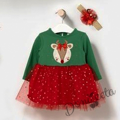 Коледна детска рокля в зелено с елен, тюл в червено и лента за коса 889964