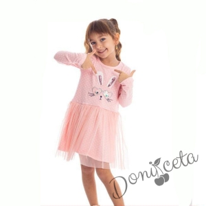 Детска ежедневна рокля в розово на точки със зайче с очила