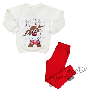 Ватиран коледен детски комплект в бяло и червено с еленче и клин с ръб 843524
