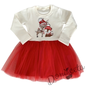 Коледна бебешка/детска рокля в бяло с тюл в червено с еленче