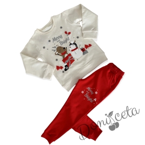 Детски коледен комплект от блузка с елен в бяло и панталонки в червено