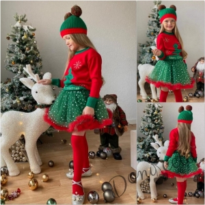 Коледен комплект от 4 части от блуза, пола, шапка и чорапи в червено