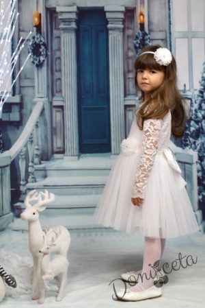 Официална детска рокля Крис с дълъг ръкав в бяло с дантела и тюл  
