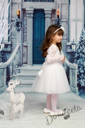 Официална детска рокля Крис с дълъг ръкав в бяло с дантела и тюл  
