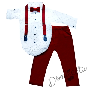 Комплект от панталон в червено, боди-риза в бяло с папийонка и тиранти