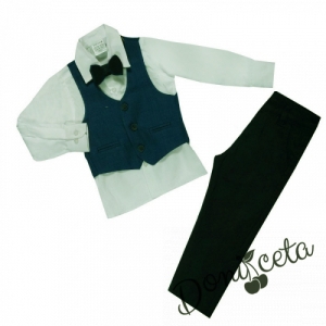 Официален костюм момче от елек в тъмнозелено, риза в бяло, панталон и папийонка