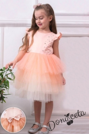 Детска рокля без ръкав в прасковено с тюл