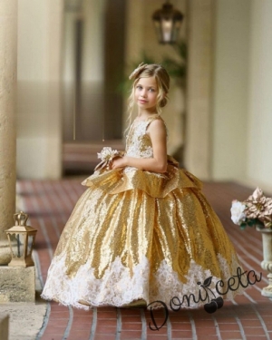Официална детска дълга рокля с къс ръкав в златисто с обръч Карла