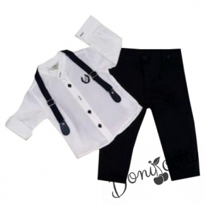 Комплект от панталон в тъмносиньо, риза в бяло и тиранти 