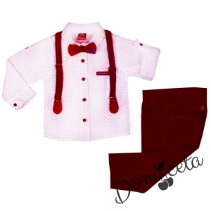 Комплект от панталон в червено, риза в бяло, папийонка и тиранти 754851