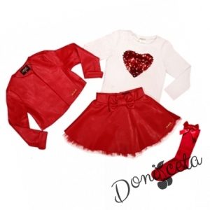 Комплект от 4 части-детска кожена пола  в червено, блузка в бяло,чорапи и кожено яке