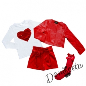 Комплект от 4 части- къси кожени панталони, блузка в бяло,3/4 чорапи и кожено яке в червено