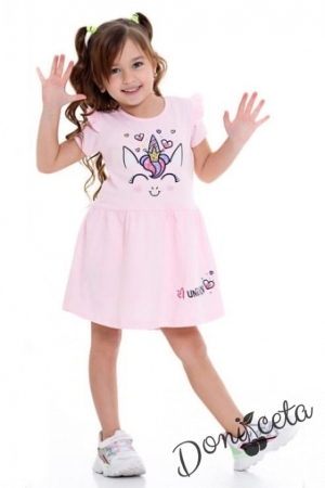 Ежедневна детска рокля  с къс ръкав в розово с Пони/Еднорог 107258