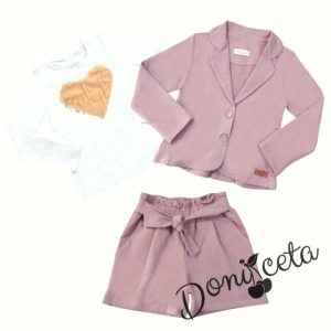 Детски комплект за момиче от къси панталонки, сако в пепел от рози и блуза с дълъг ръкав