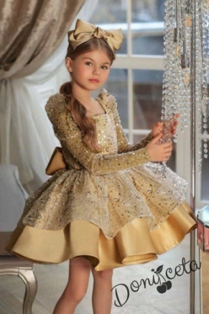 Официална детска рокля с дълъг ръкав в златисто с голяма панделка 1