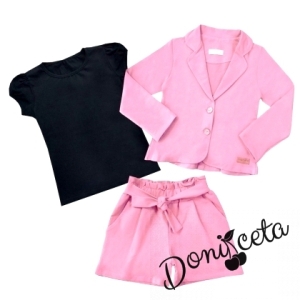Детски комплект от къси панталонки, тениска в черно и сако в розово 1