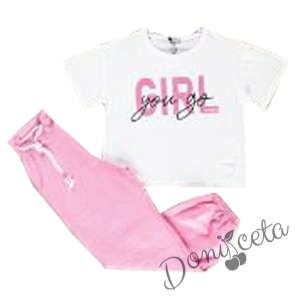 Комплект за момиче от тениска в бяло и панталон в розово