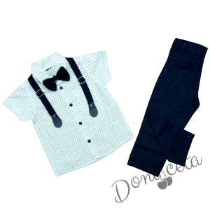 Комплект от риза в бяло, панталон в тъмносиньо, папийонка и тиранти