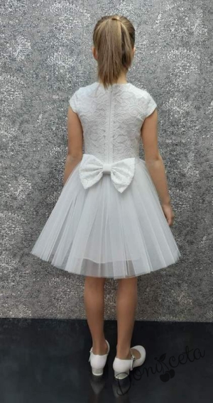 Детска официална рокля Крис с къс ръкав от дантела и тюл в бяло