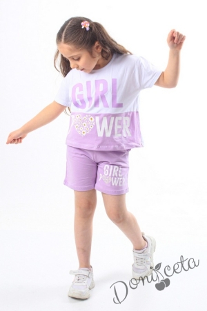 Комплект за момиче от тениска и къси панталони в бяло и лилаво