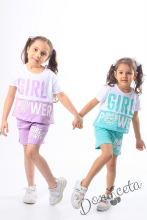 Комплект за момиче от тениска и къси панталони в бяло и лилаво