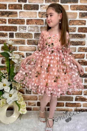 Детска рокля с 7/8 ръкав в прасковено на цветя