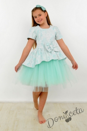 Официална детска рокля Надежда в тюркоаз/мента с къс ръкав на цветя и тюл 