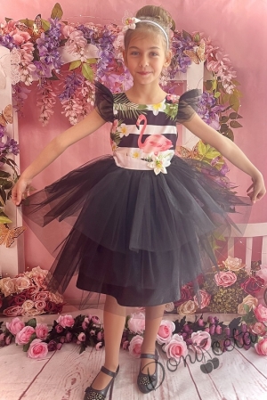 Официална детска рокля с фламинго и тюл в черно 288ФЧТ