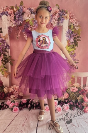 Официална детска рокля с Маша и тюл в лилаво 288МШМ