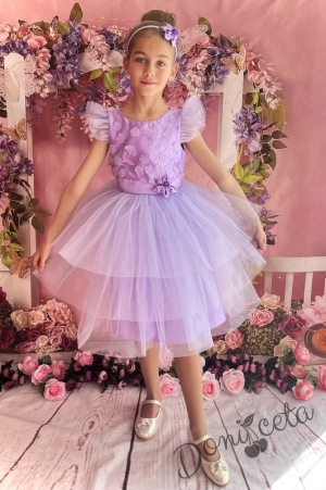 Официална детска рокля в лилаво с къс ръкав и богат тюл 288ЛЦ