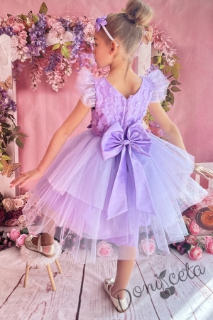 Официална детска рокля в лилаво с къс ръкав и богат тюл 288ЛЦ
