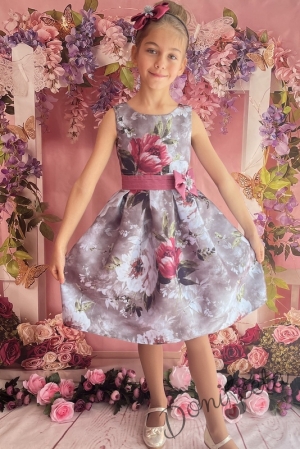 Официална детска рокля с без ръкав в сиво на нежни цветя 240СВБ