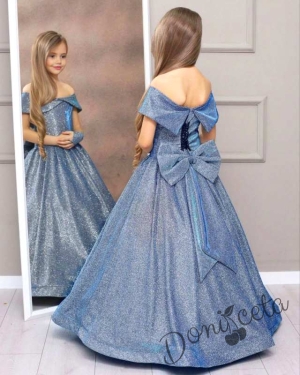 Официална дълга детска рокля Шайн в синьо с блясък и обръч 1