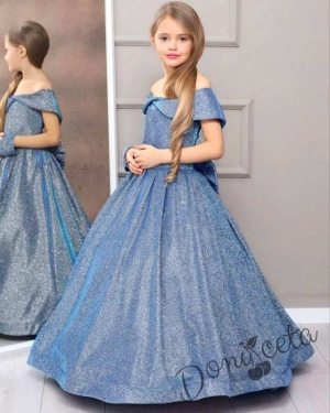Официална дълга детска рокля Шайн в синьо с блясък и обръч 2