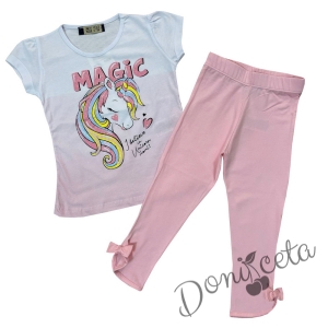 Комплект за момиче от тениска в бялоо с Пони/Еднорог и клин в розово