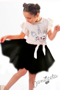 Детски комплект от тениска в бяло с Пони/Еднорог и пола в черно