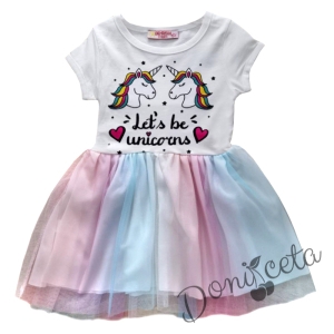 Детска рокля с къс ръкав с Пони/Еднорог и многоцветен тюл 9894551