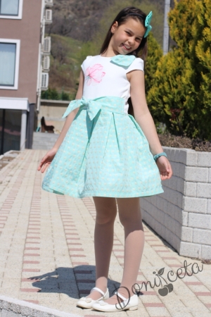 Официална детска рокля Паула в цвят тюркоаз/мента с къс ръкав