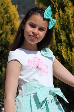 Официална детска рокля Паула в цвят тюркоаз/мента с къс ръкав 4
