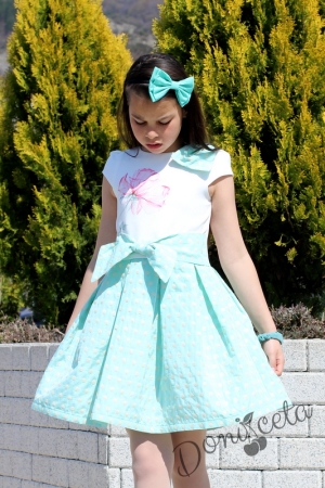 Официална детска рокля Паула в цвят тюркоаз/мента с къс ръкав 6