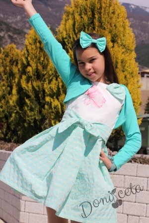 Комплект от официална детска рокля Паула  в цвят тюркоаз/мента и болеро 3