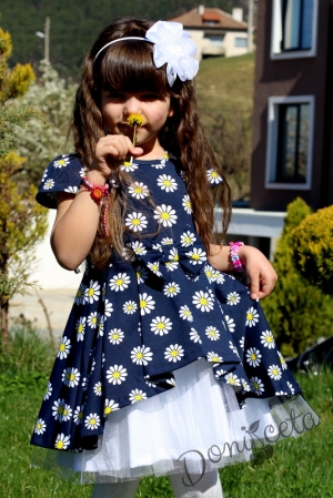 Детска рокля в тъмносиньо Надежда на маргаритки с къс ръкав и с тюл 