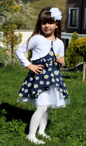 Комплект от детска рокля Надежда в тъмносиньо на маргаритки с къс ръкав и болеро