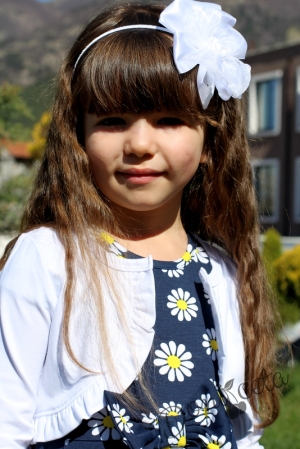 Комплект от детска рокля Надежда в тъмносиньо на маргаритки с къс ръкав и болеро