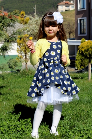 Комплект от детска рокля Надежда на маргаритки с къс ръкав и болеро в жълто