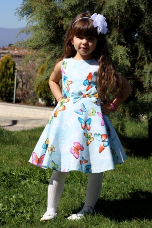 Детска рокля в тюркоаз/мента с пеперуди тип клош Мелиса  8