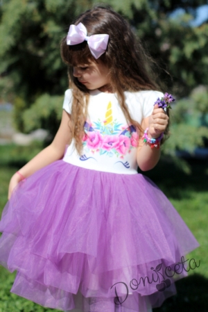 Детска рокля в бяло и тюл в лилаво с Пони/Еднорог 5