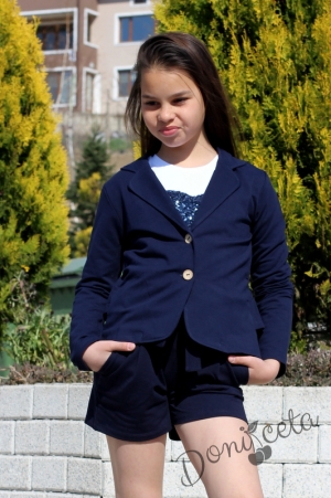 Детски комплект за момиче от къси панталонки, сако в тъмносиньо и блуза с дълъг ръкав