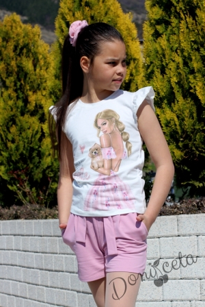 Летен комплект момиче от къси панталони в пепел от рози и тениска